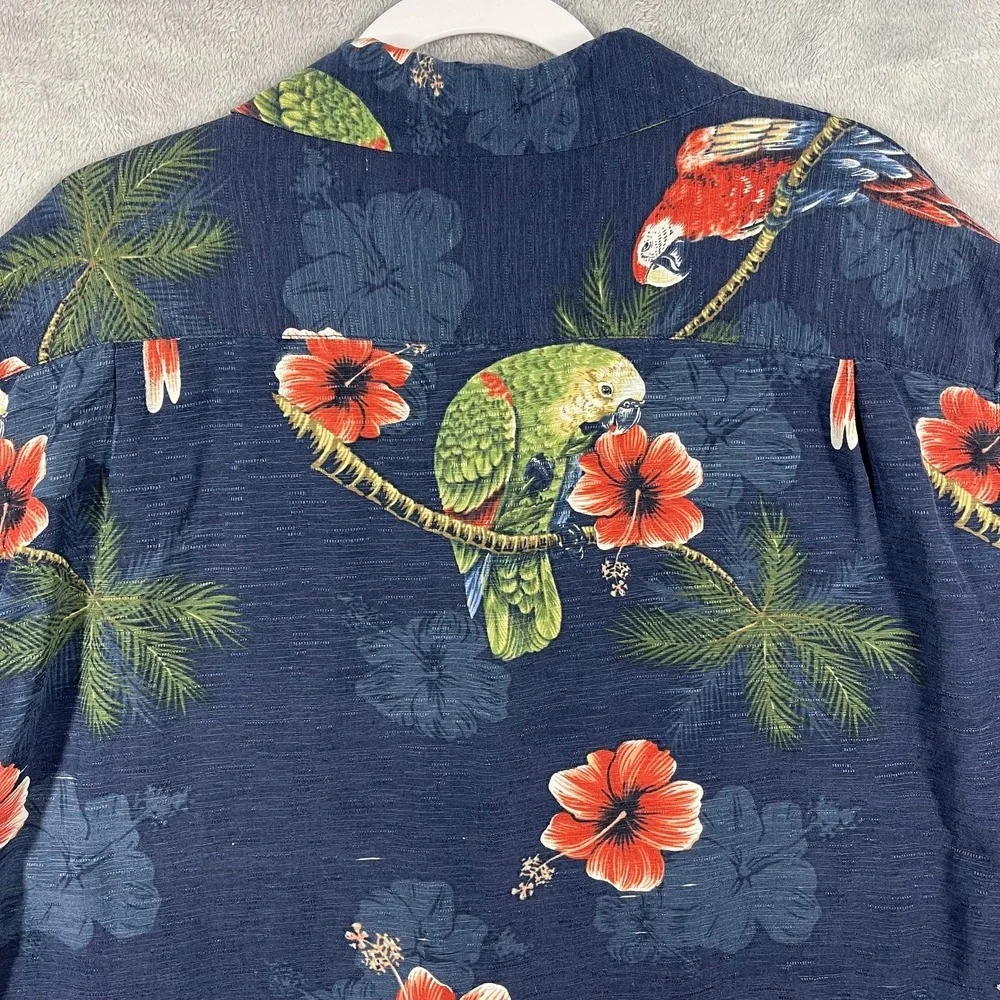 Caribbean Button Down Shirt Mens XL Blue Silk Tropical Parrot Hibiscus Camp - Picture 8 of 8